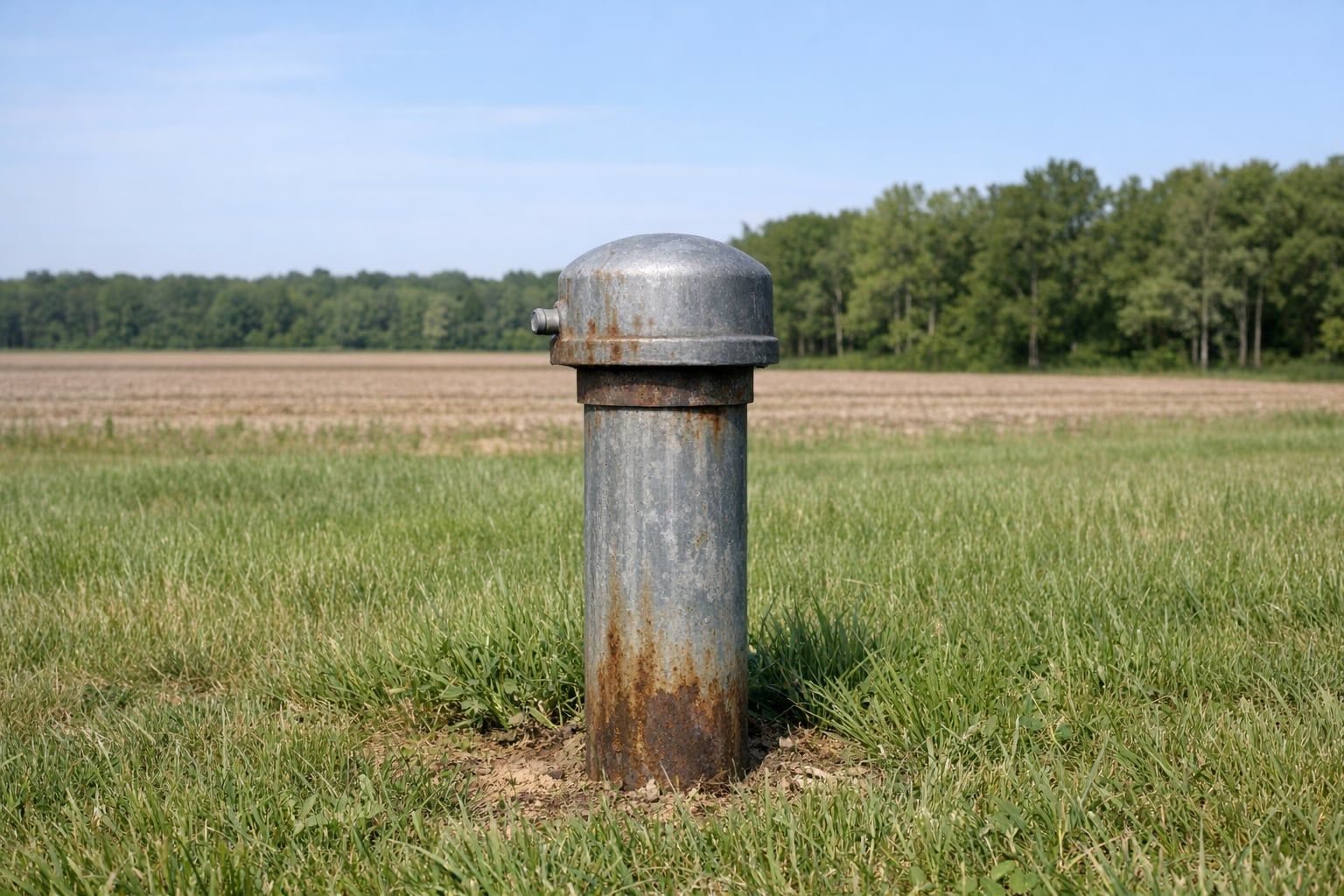 Rusty old steel well casing and cap in a grassy rural yard with a farm field and trees behind