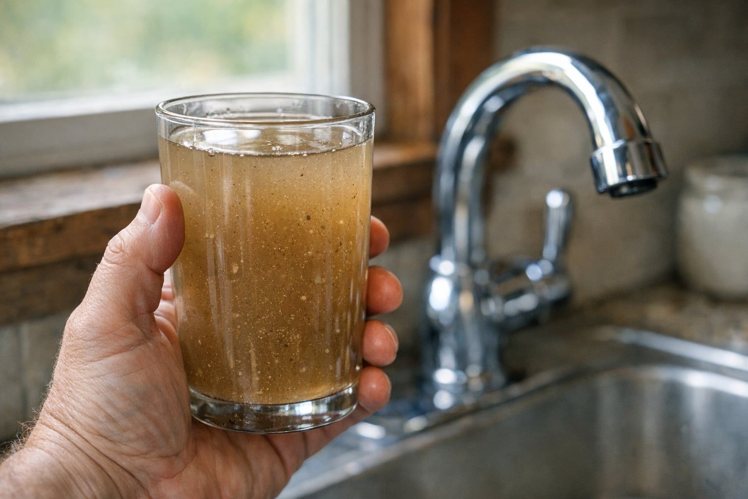 Hand holding a glass of cloudy brown water full of sediment next to a kitchen faucet
