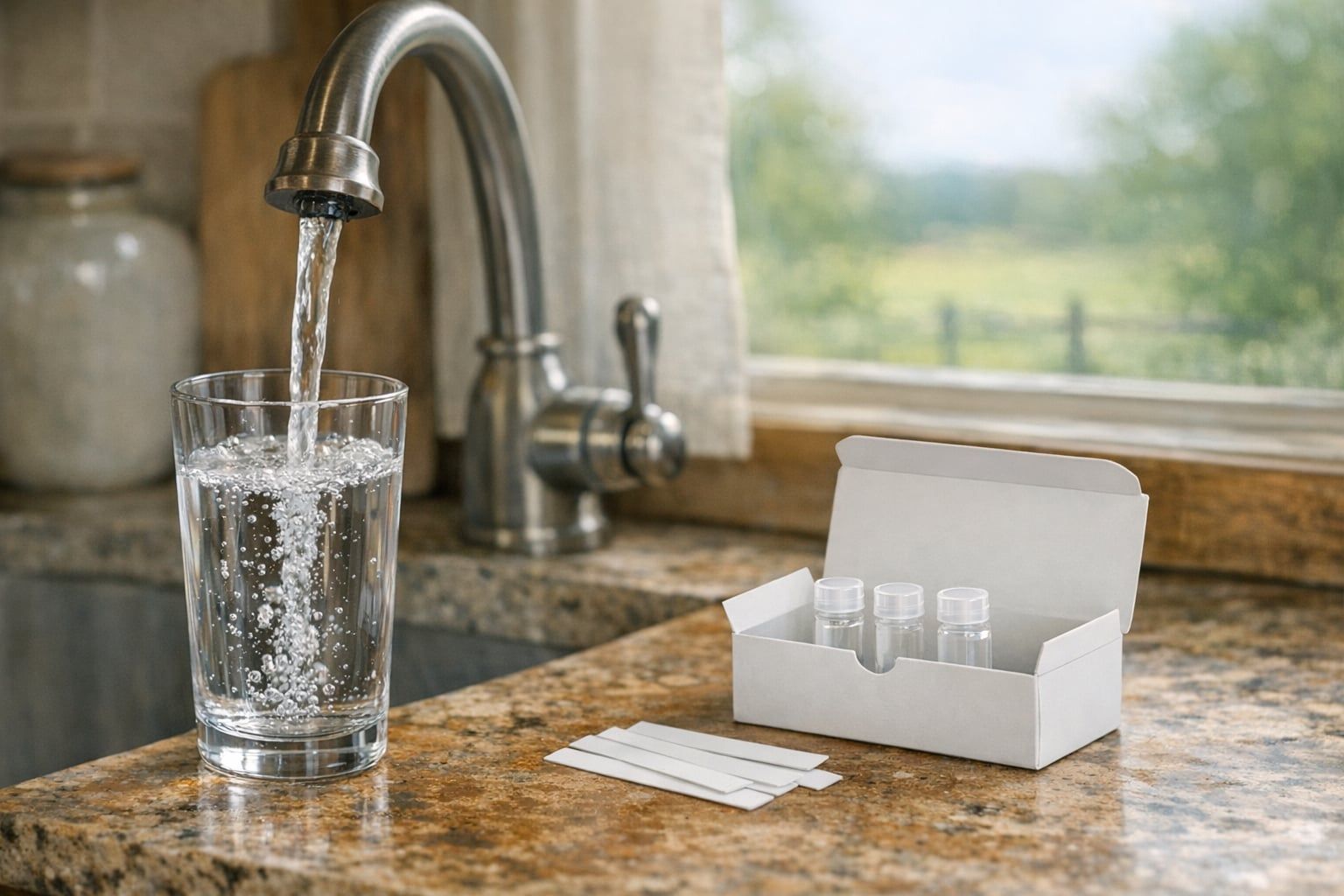 Glass filling with tap water beside a home water test kit with sample vials on a farmhouse kitchen counter