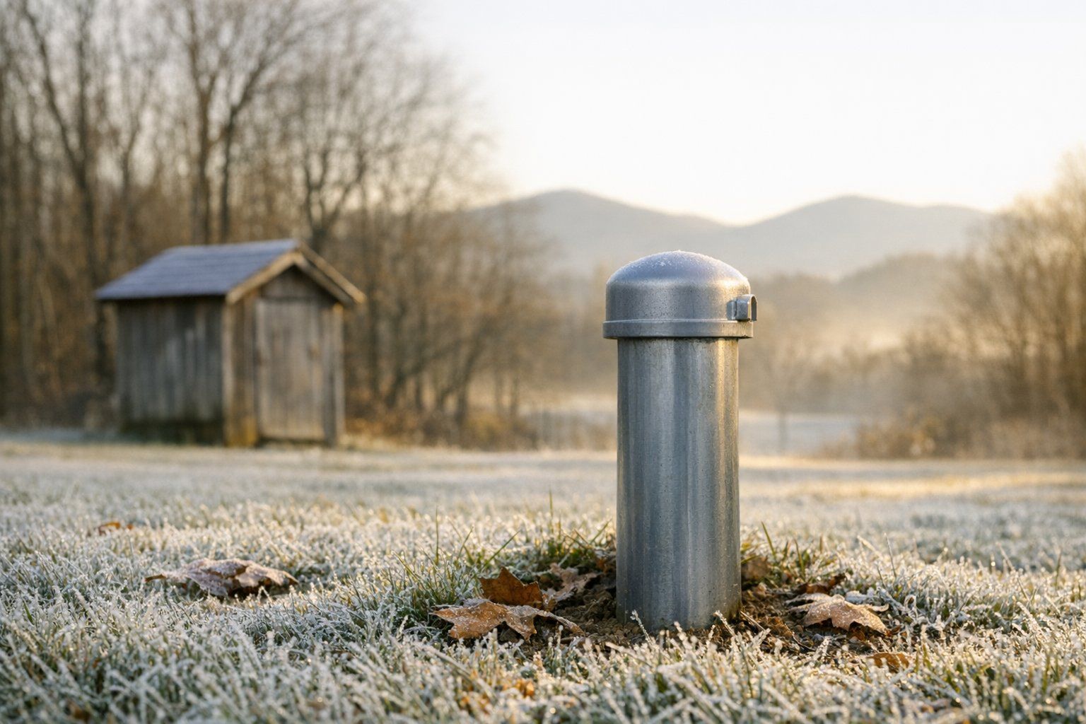 Steel well casing with a vented cap in a frosty Virginia yard at sunrise, a small wooden pump house and bare trees behind it