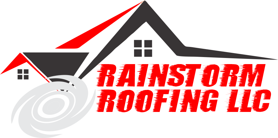 Logo for Rainstorm Roofing LLC featuring a roof, hurricane, and red/black text.