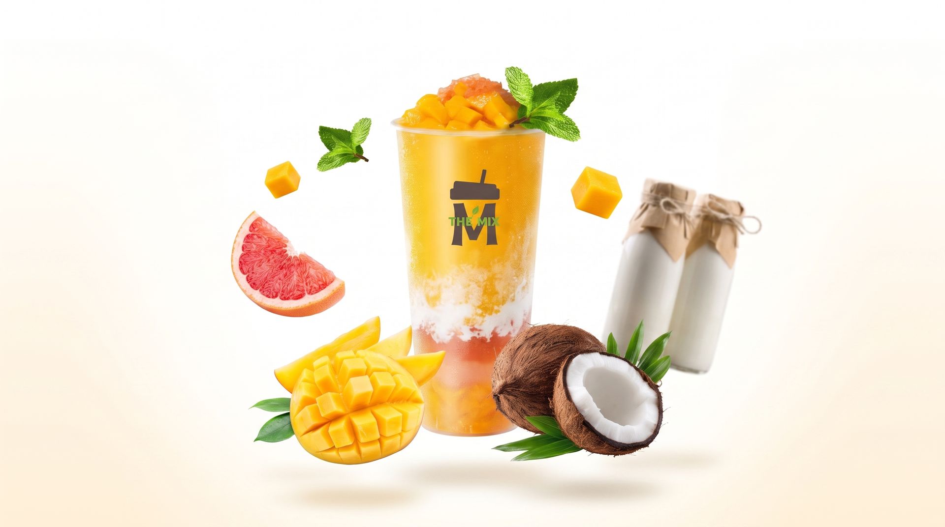 Mango smoothie with mango pieces and mint leaves beside milk bottles on a light background