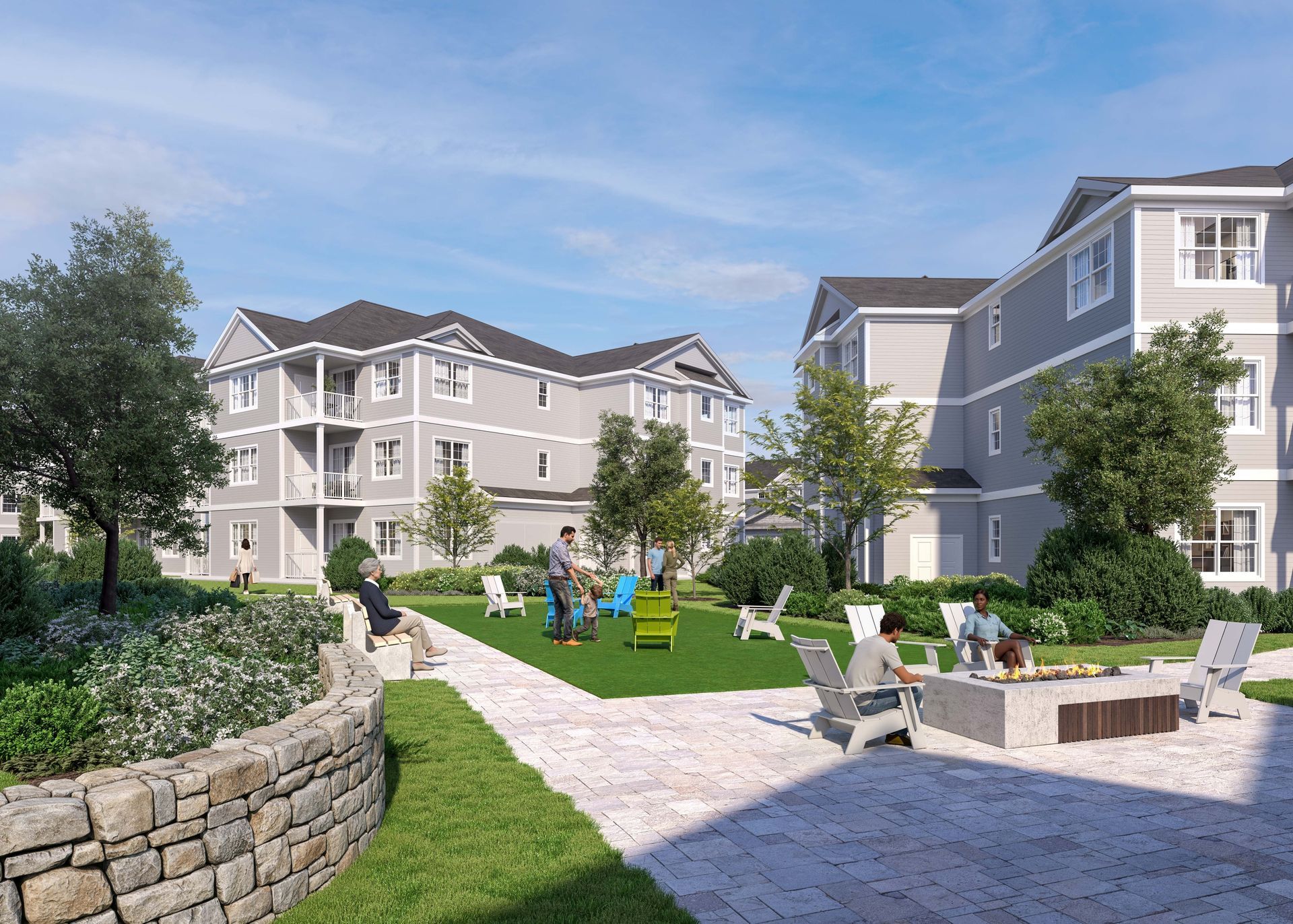 Rendering of an exterior courtyard with a fire pit at Riverline North Conway.