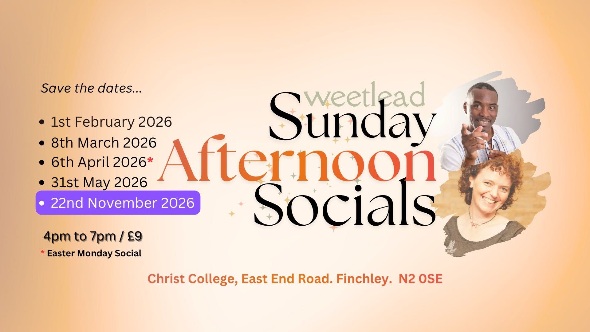Sweetlead Sunday Afternoon Socials, 4pm to 7pm, £9, next one 22nd November 2026, Christ's College, Finchley N2 0SE