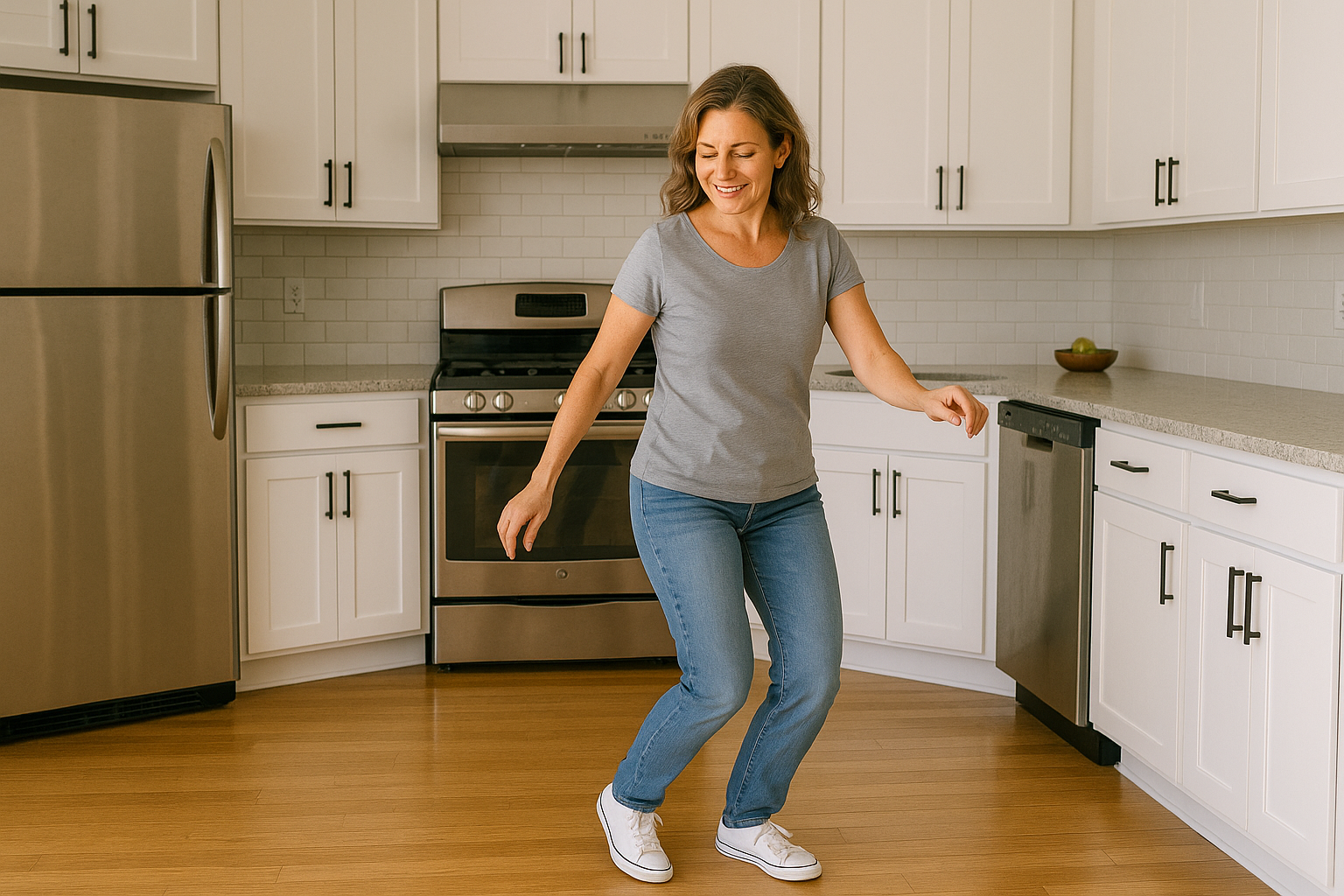 Lady practising salsa in her kitchen