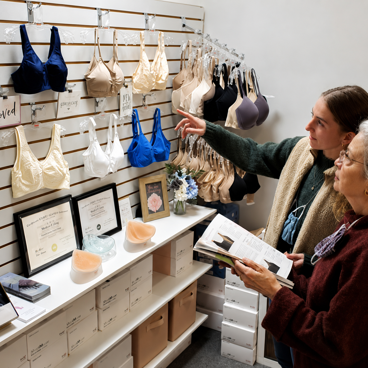 Woman in a cream-colored post-surgical compression bra, smiling. Indoors, sunny.