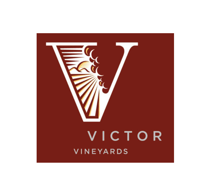 A victor vineyards logo on a red background