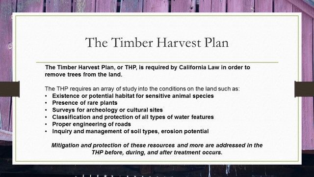The timber harvest plan is required by california law in order to remove trees from the land