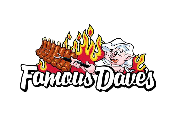 The logo for famous daves is a cartoon of a pig holding ribs on a grill.