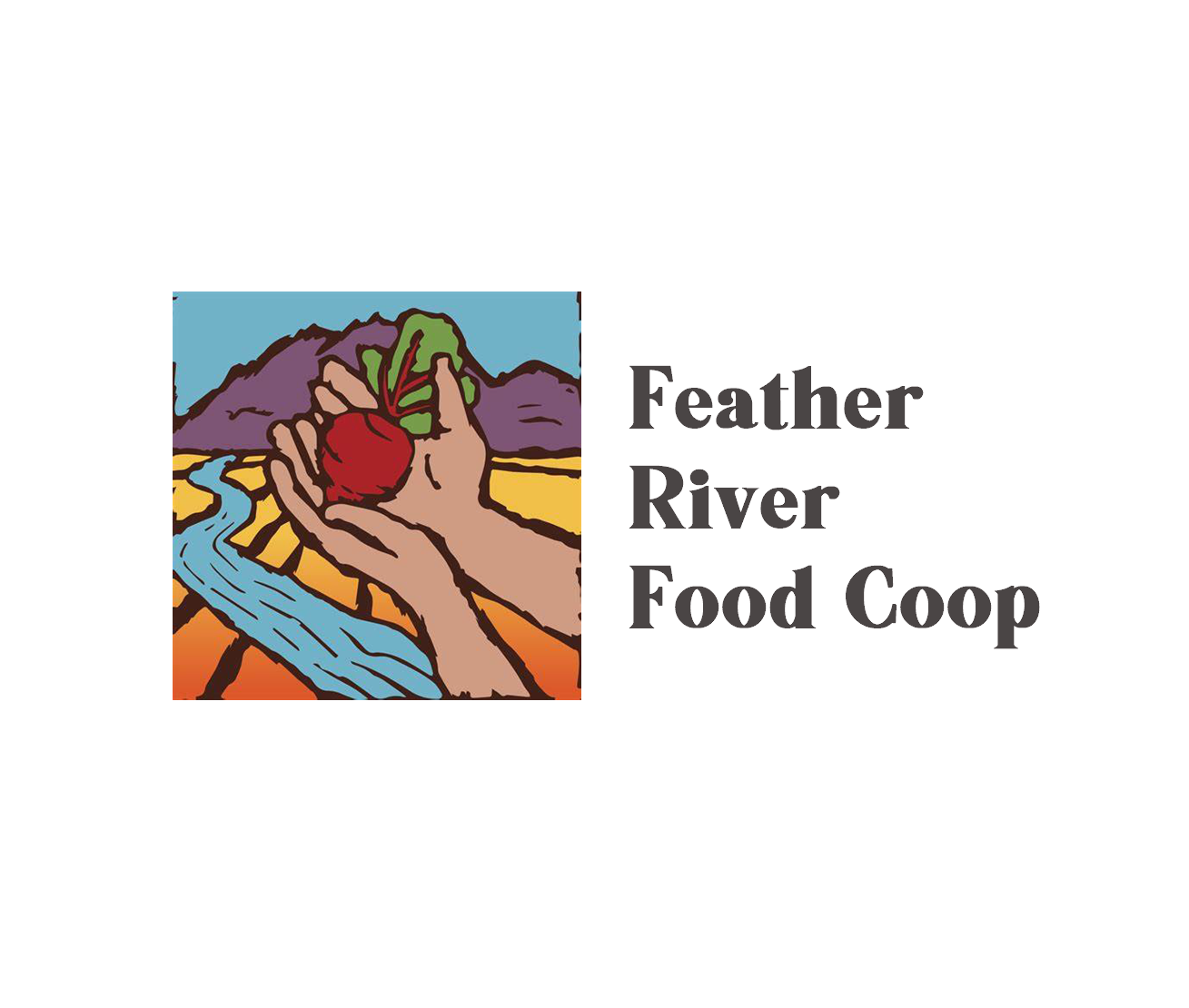 Feather river food coop logo with a hand holding an apple