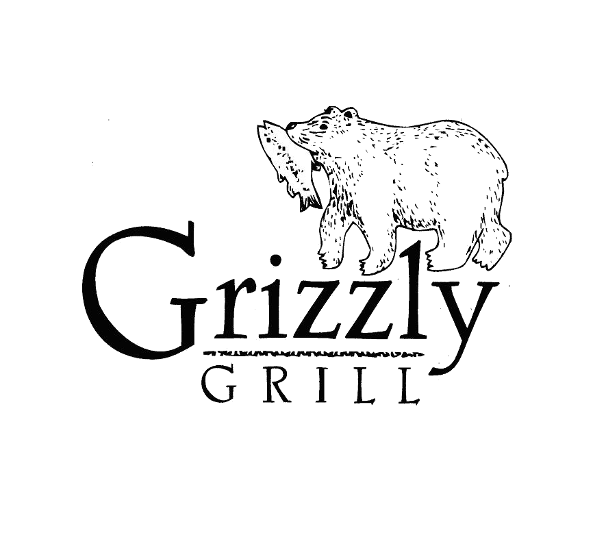 A black and white logo for grizzly grill with a bear holding a fish in its mouth.