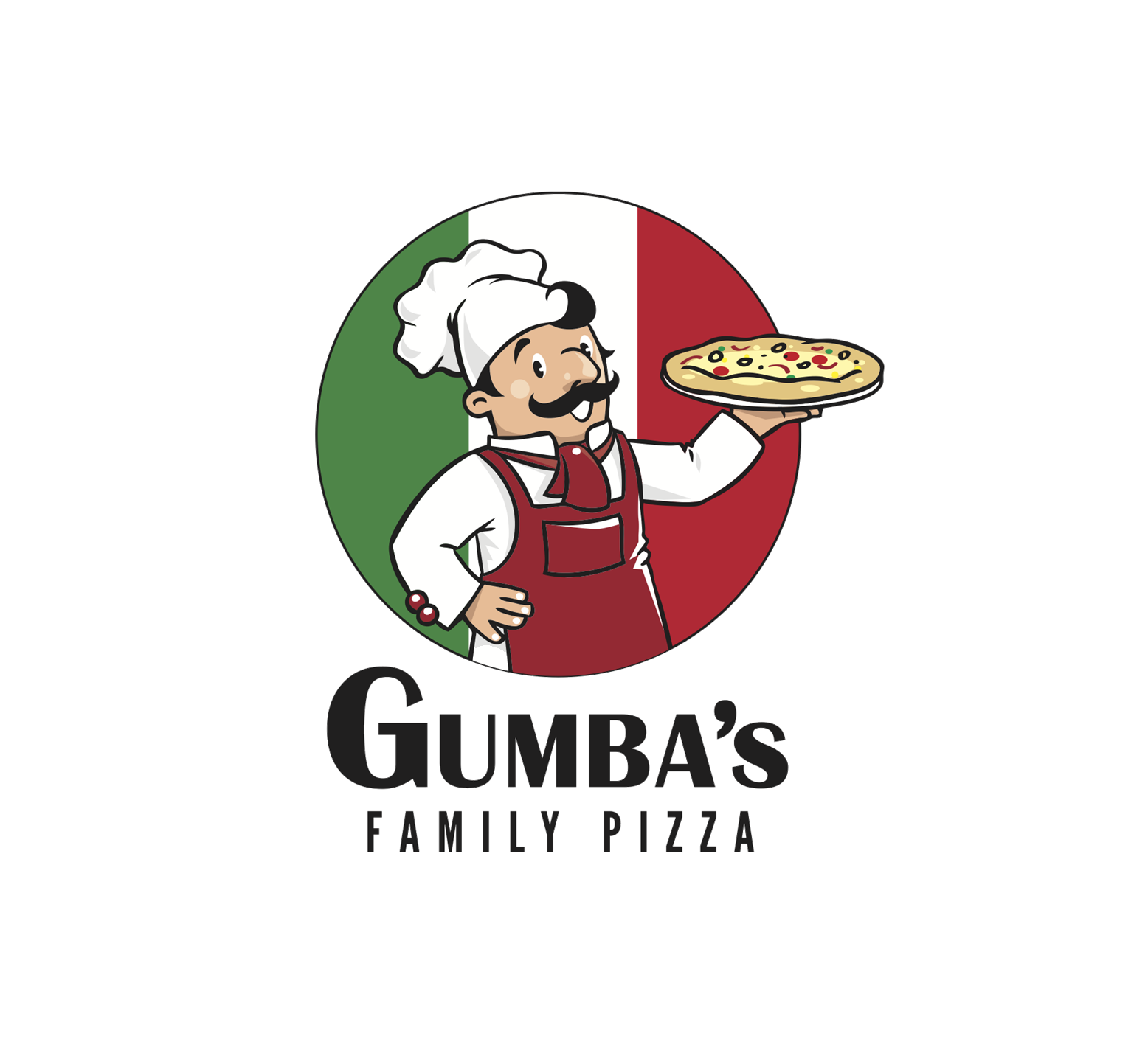 The logo for gumba 's family pizza shows a chef holding a pizza.
