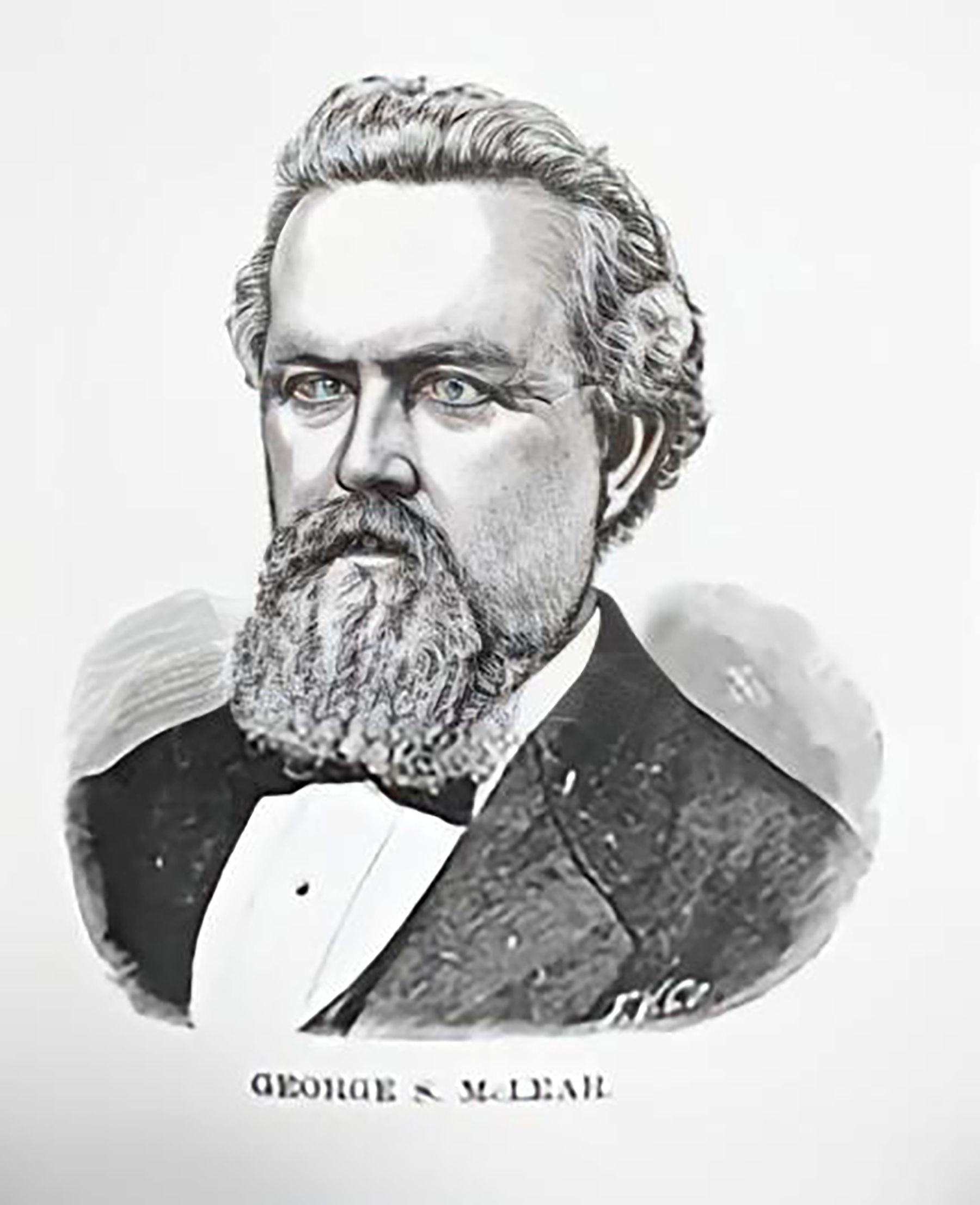A black and white drawing of george n. m. leah