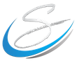 A blue and white logo with the letter s on it