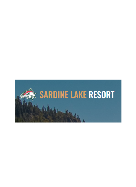 A logo for sardine lake resort with a mountain in the background.