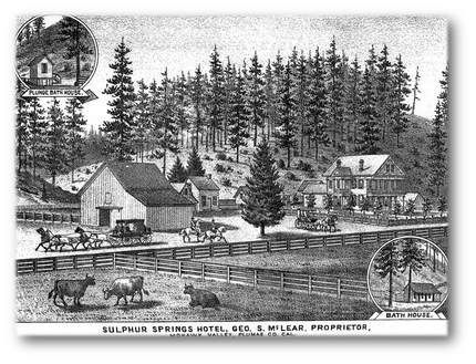 A black and white drawing of a horse drawn carriage going through a forest.