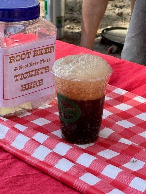 A bottle of root beer and a cup of root beer on a checkered table cloth