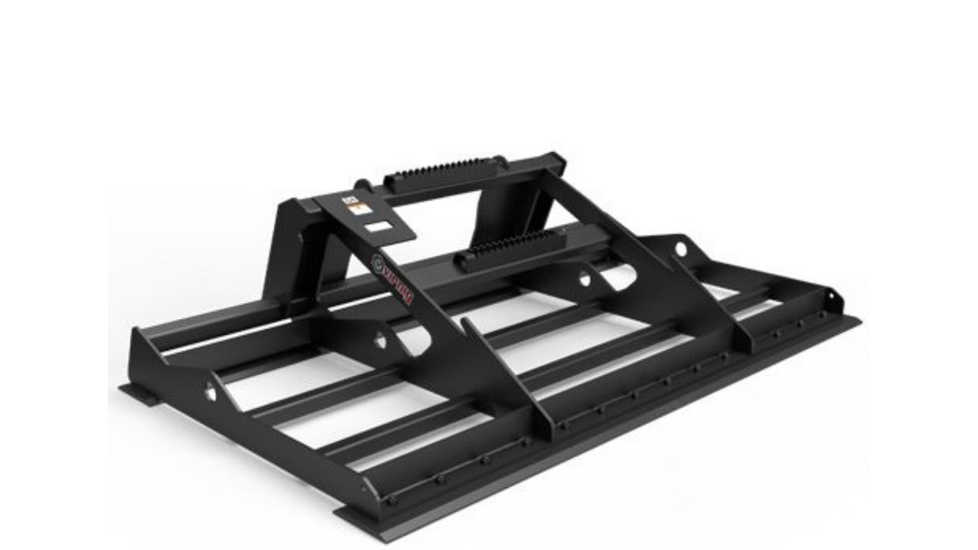 Black metal forklift attachment with adjustable frame and tines on a white background