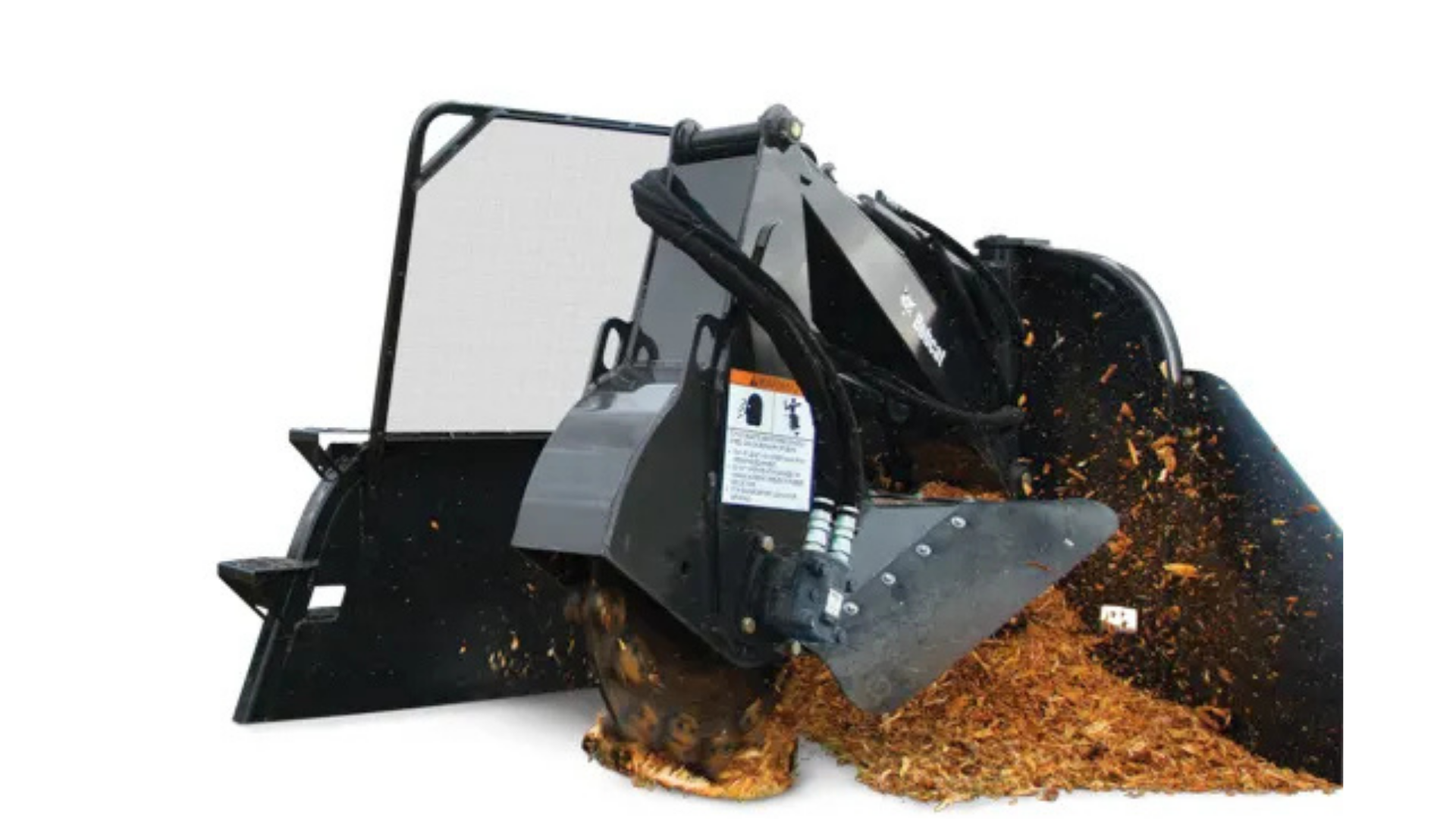 Black skid steer loader dumping orange wood chips from its bucket on a white background