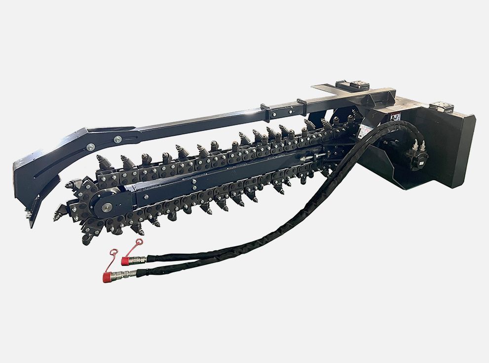 Black agricultural mulcher attachment with spinning drum and curved side guards on a white background