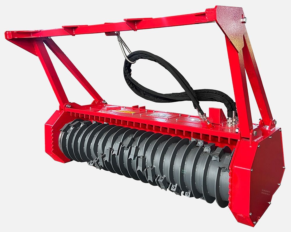 Black agricultural mulcher attachment with spinning drum and curved side guards on a white background