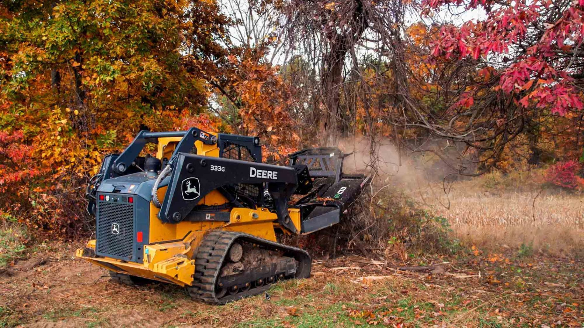 Yellow tracked skid steer clearing leaves in a wooded area with autumn trees and dust rising