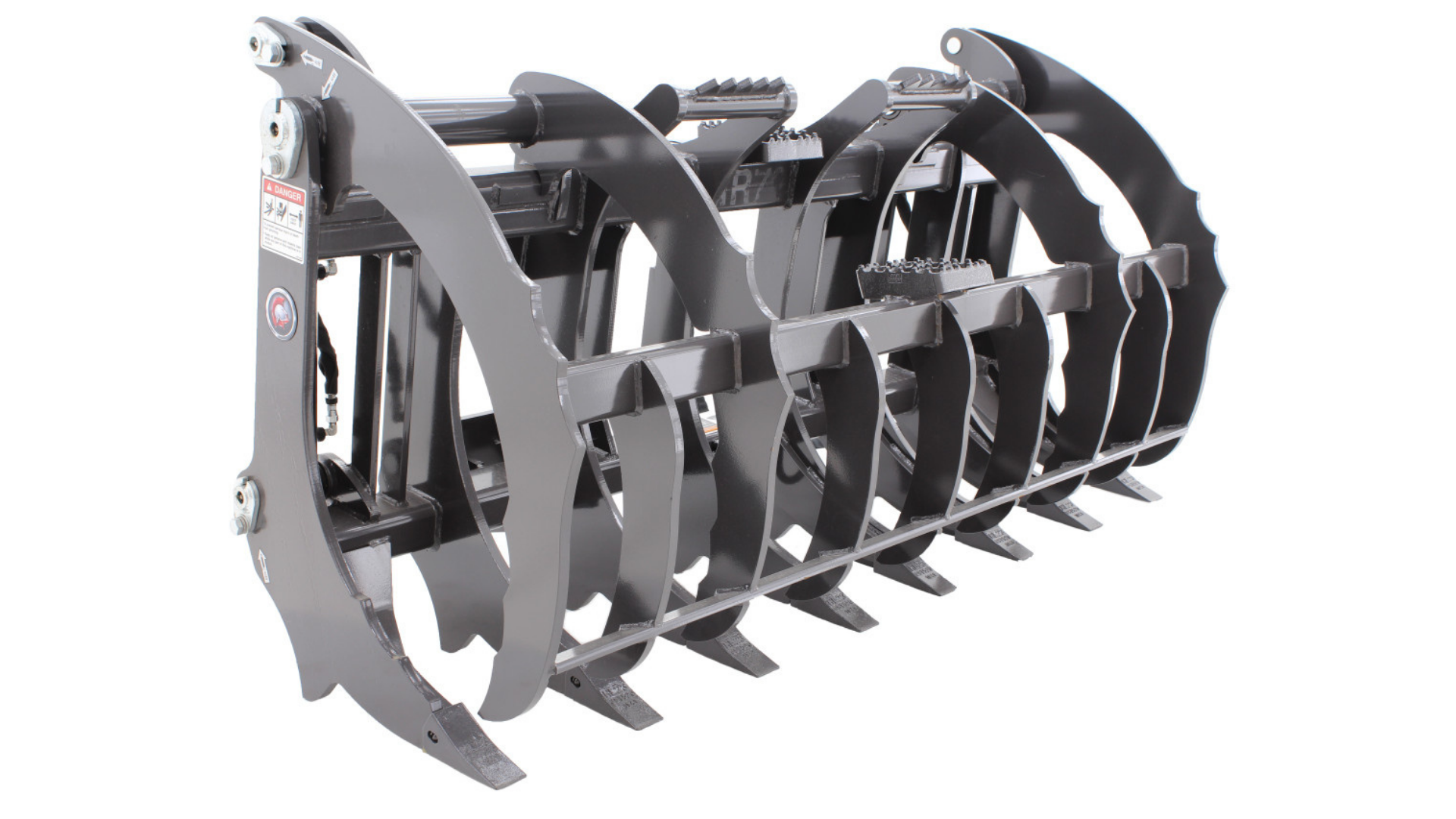 Black metal farm grapple attachment with curved tines on a white background
