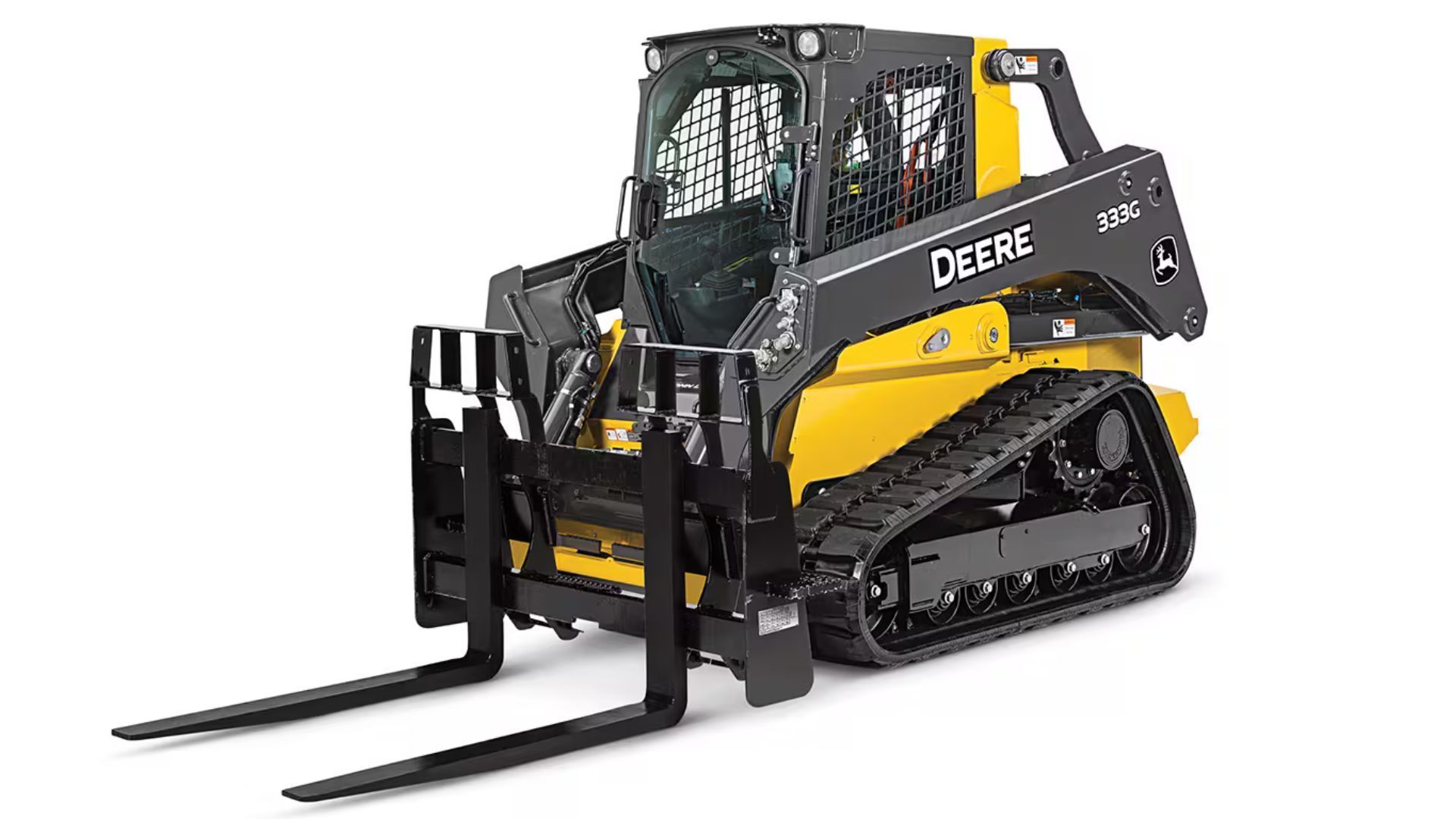 John Deere compact track loader with forklift attachment on a white background