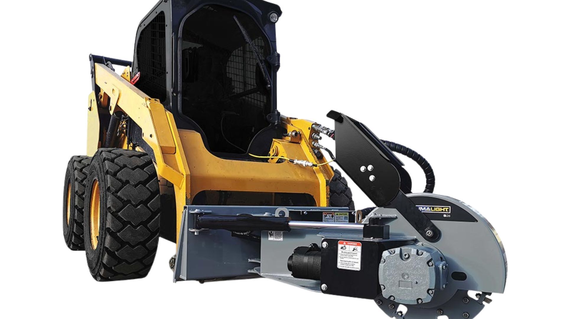 Yellow skid steer loader with a front-mounted brush cutter attachment on a white background