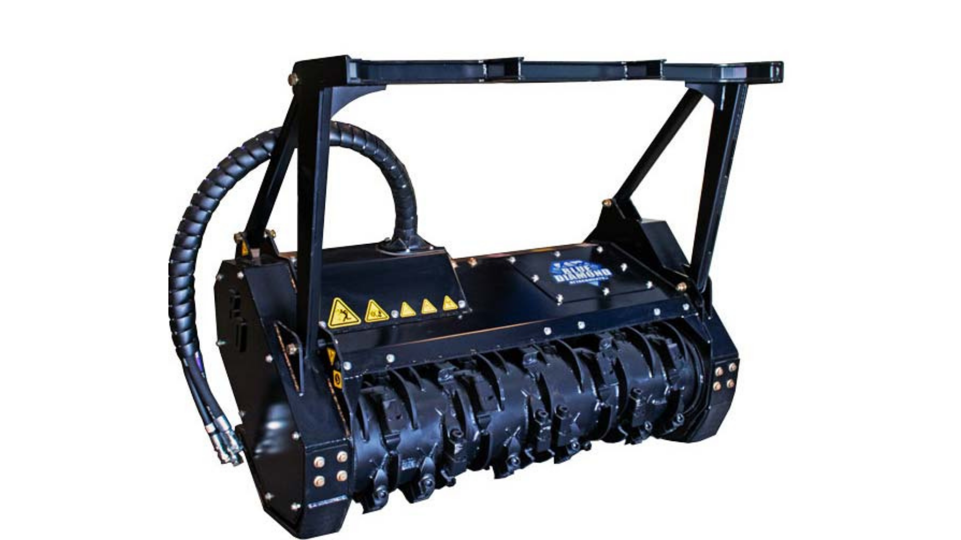 Black agricultural attachment with rotating drum and top support arms, isolated on white background