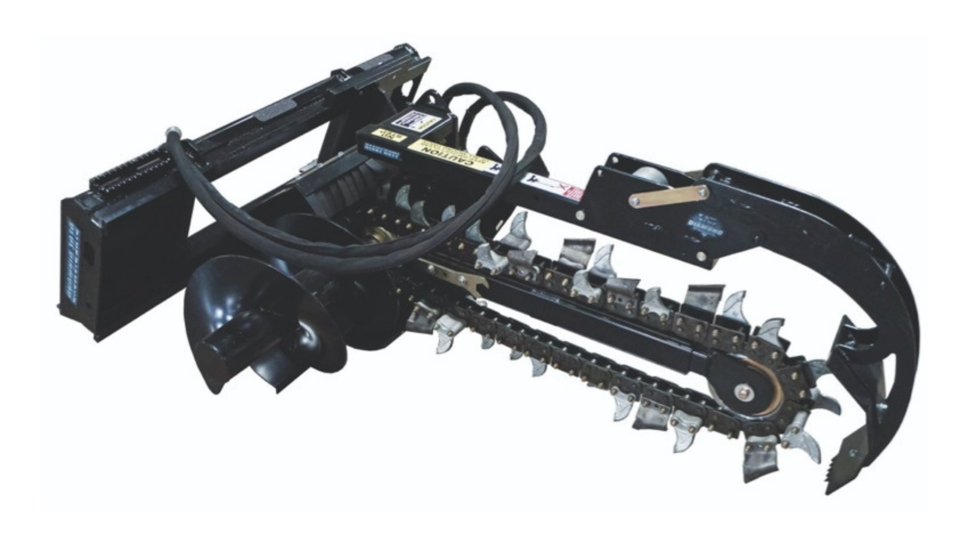 Black tracked agricultural attachment with metal frame and hoses on a white background