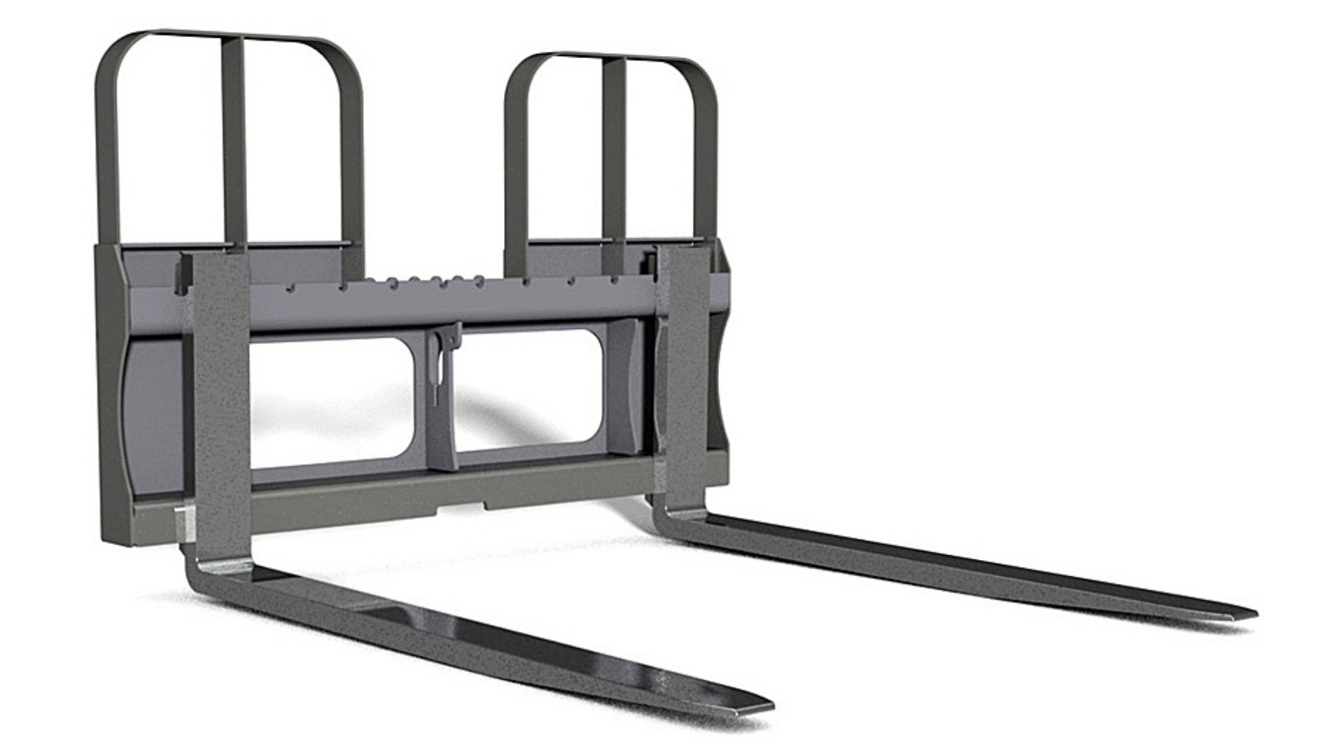 Gray pallet fork attachment for a forklift, with two long metal tines and upright supports on a white background