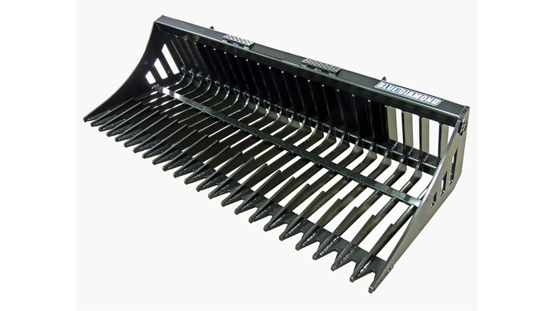Black metal farm implement attachment with rows of curved tines on a white background