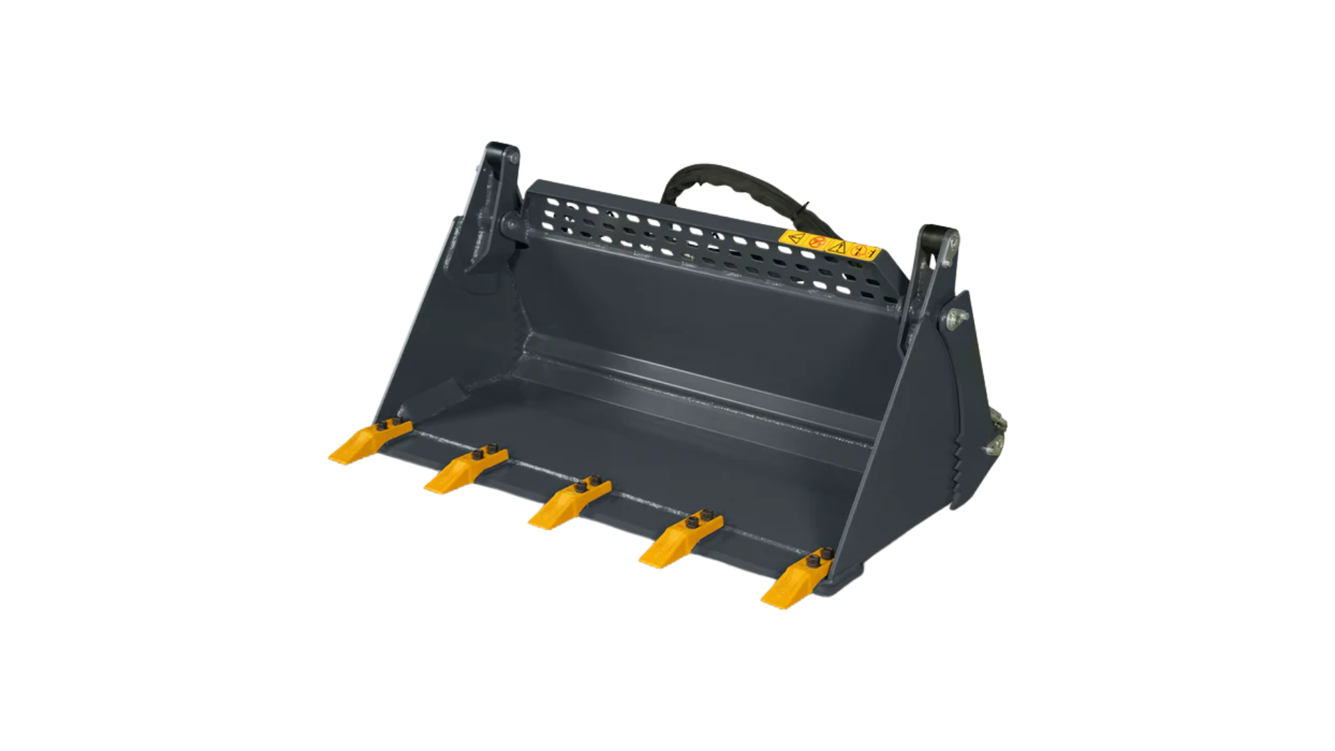 Black excavator bucket attachment with yellow teeth and a hydraulic hose on a white background