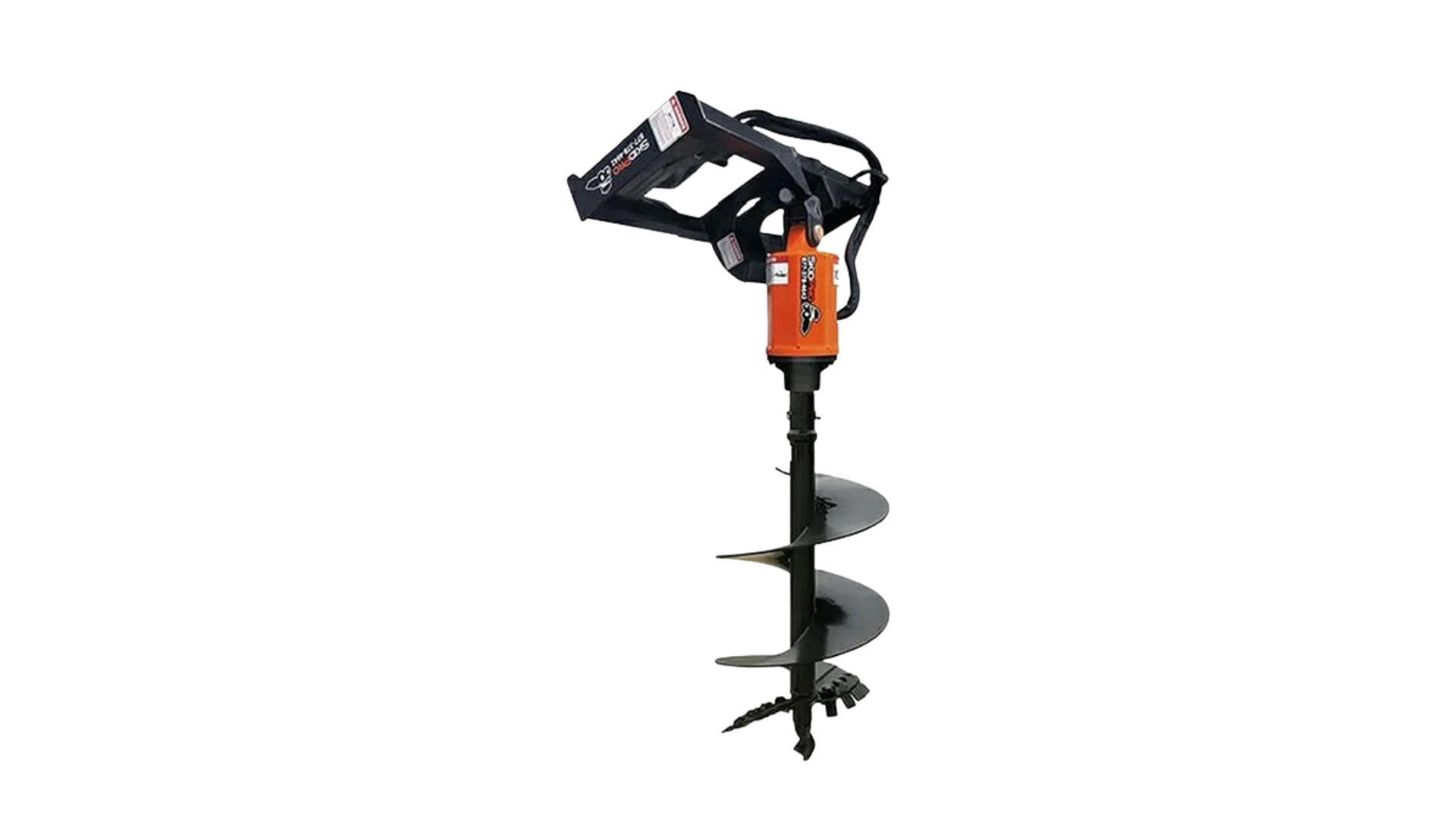 Black-and-orange auger drill attachment with helical bit on a white background