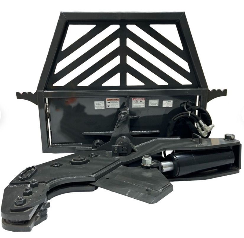 Black metal forklift attachment with adjustable frame and tines on a white background