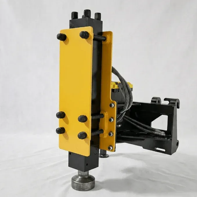Black skid steer loader dumping orange wood chips from its bucket on a white background