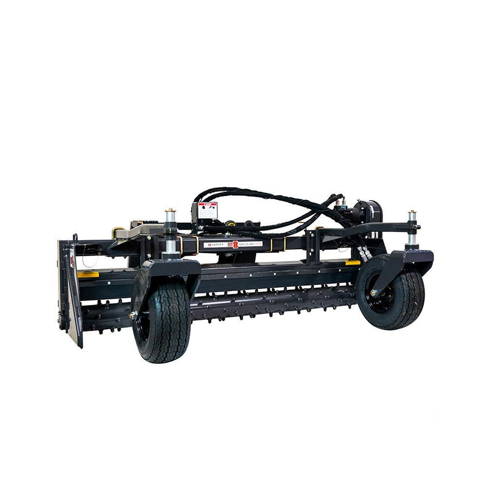 Black metal forklift attachment with adjustable frame and tines on a white background