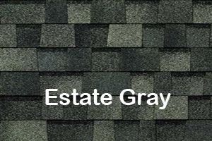 a close up of a roof with the words `` estate gray '' written on it .