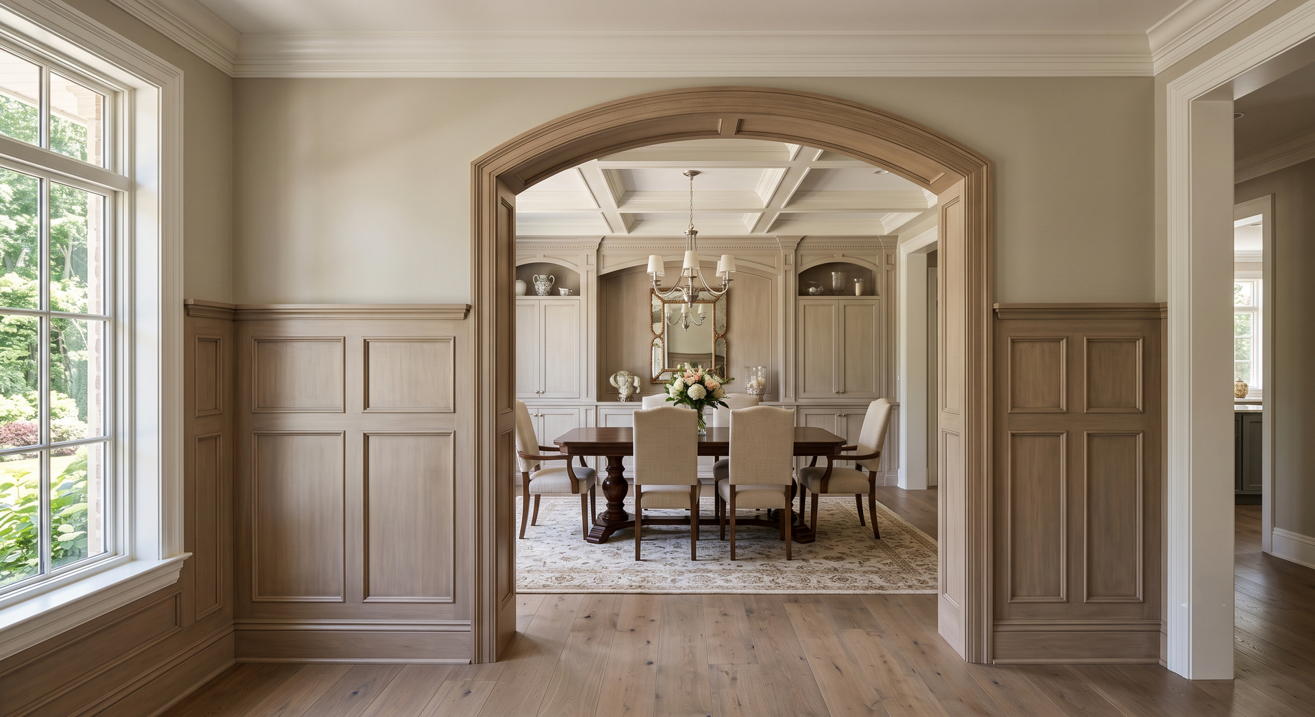 Elegant dining room with a long table, upholstered chairs, wood wainscoting, and a mirrored chandelier