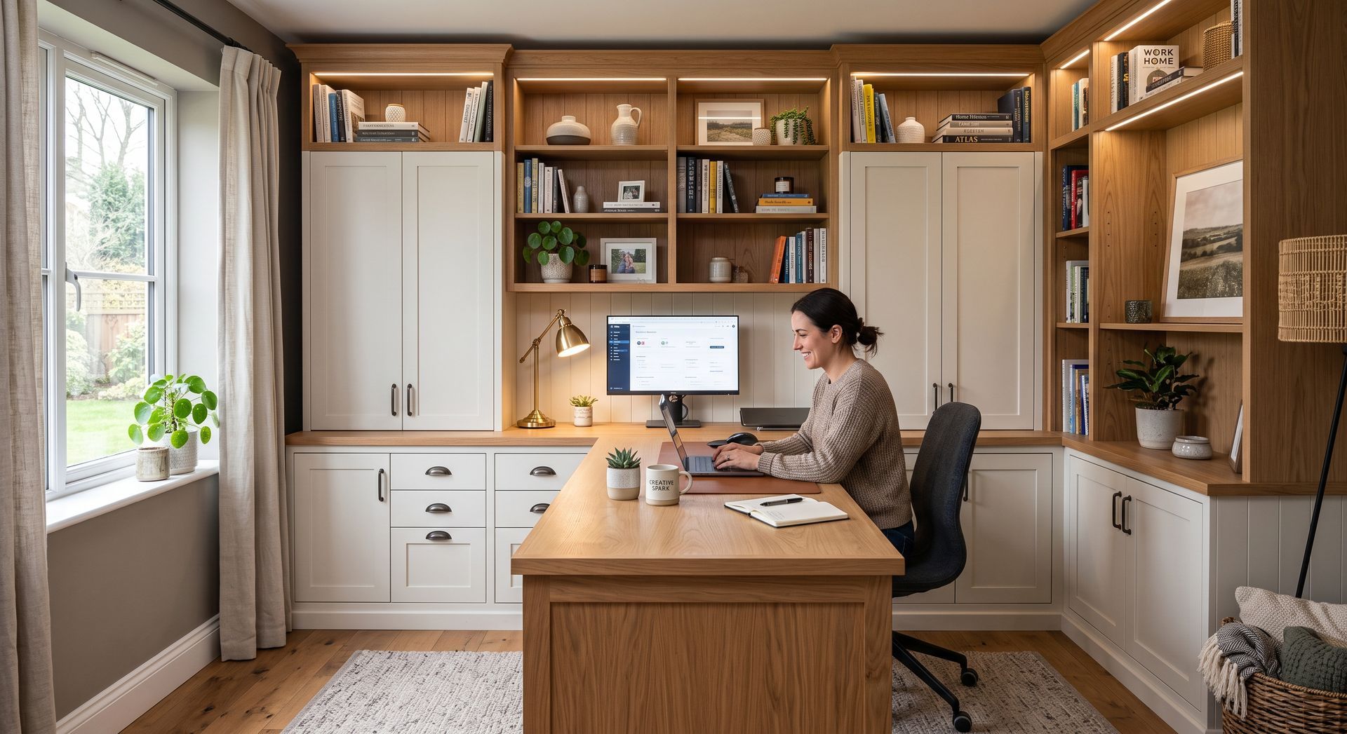 Home office with a person working at a desk in a bright, wood-paneled room