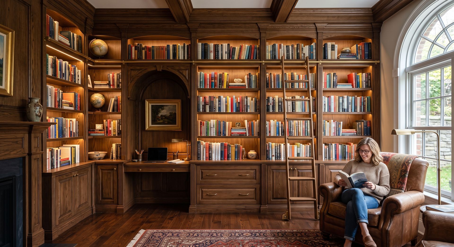 Cozy wood-paneled library with shelves of books and a person reading by a large window.