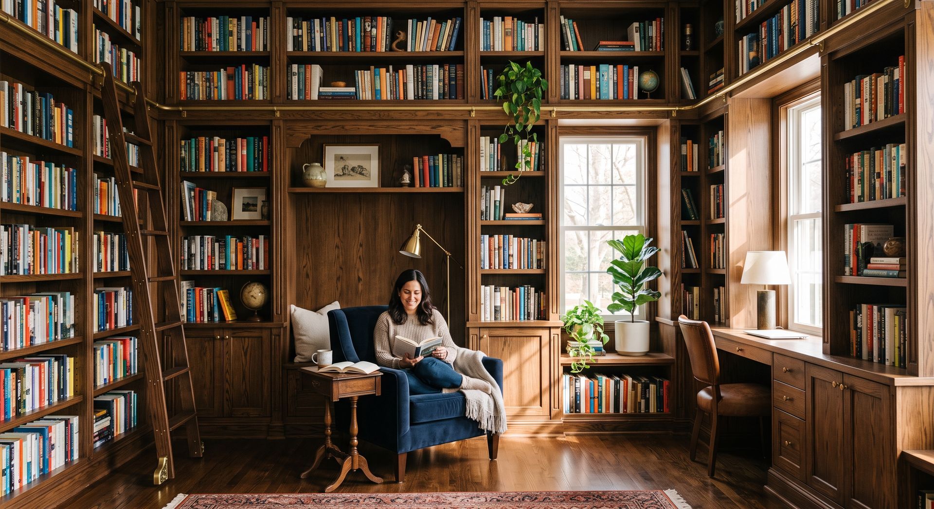 Person reading in a cozy library with tall wooden bookshelves, warm light, and large windows