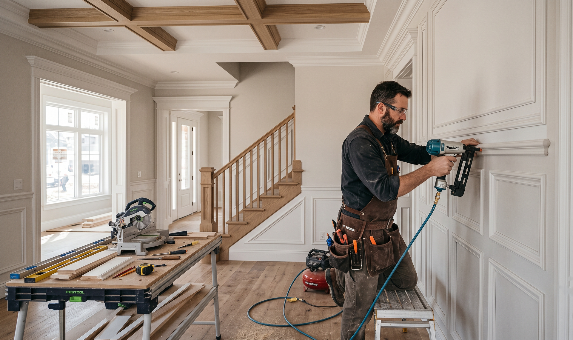 Contractor using a power tool on a wall in a bright, unfinished living room with exposed beams and stairs