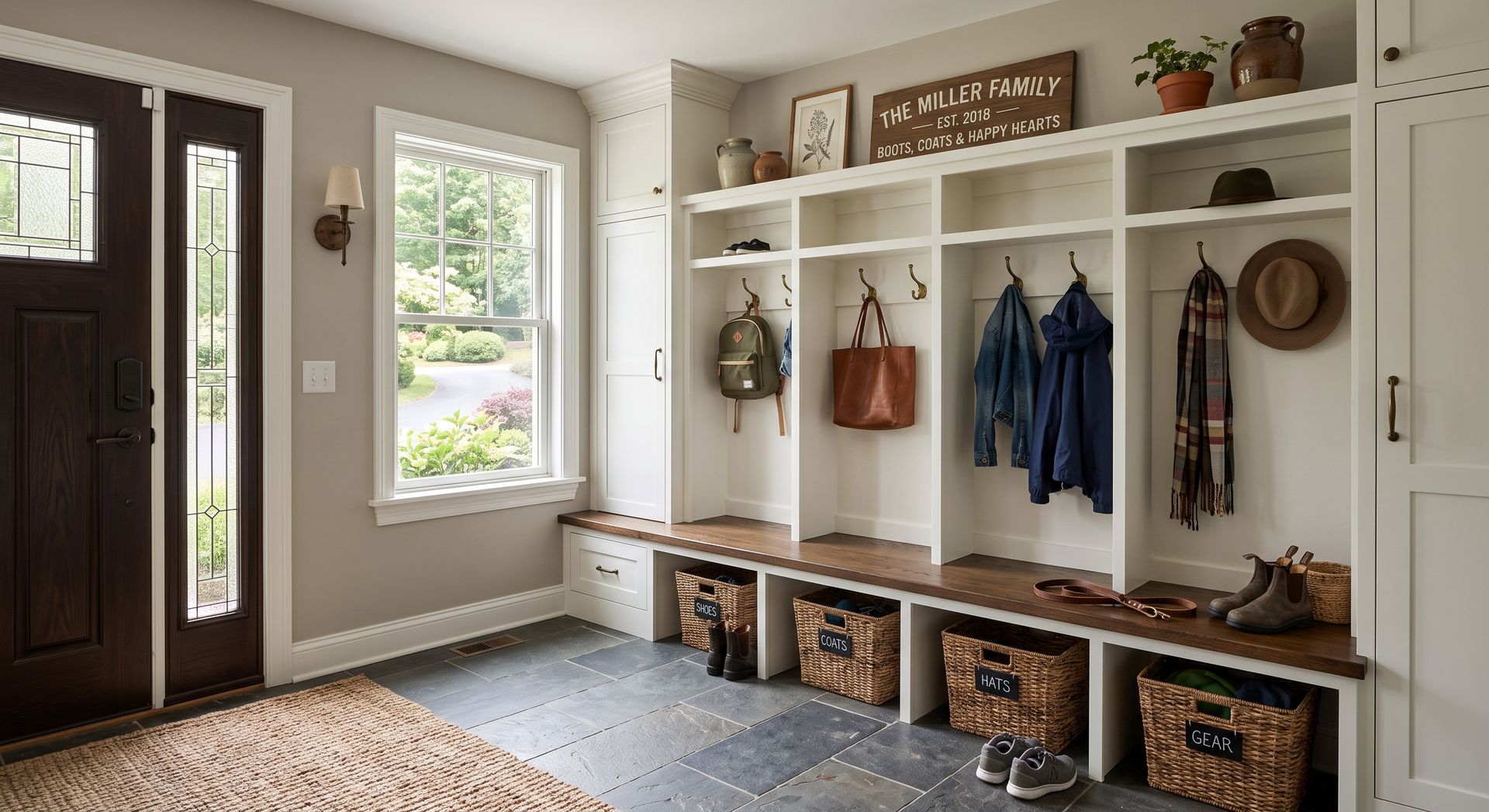Bright mudroom with white built-in cubbies, hanging coats and hats, and wicker storage baskets.