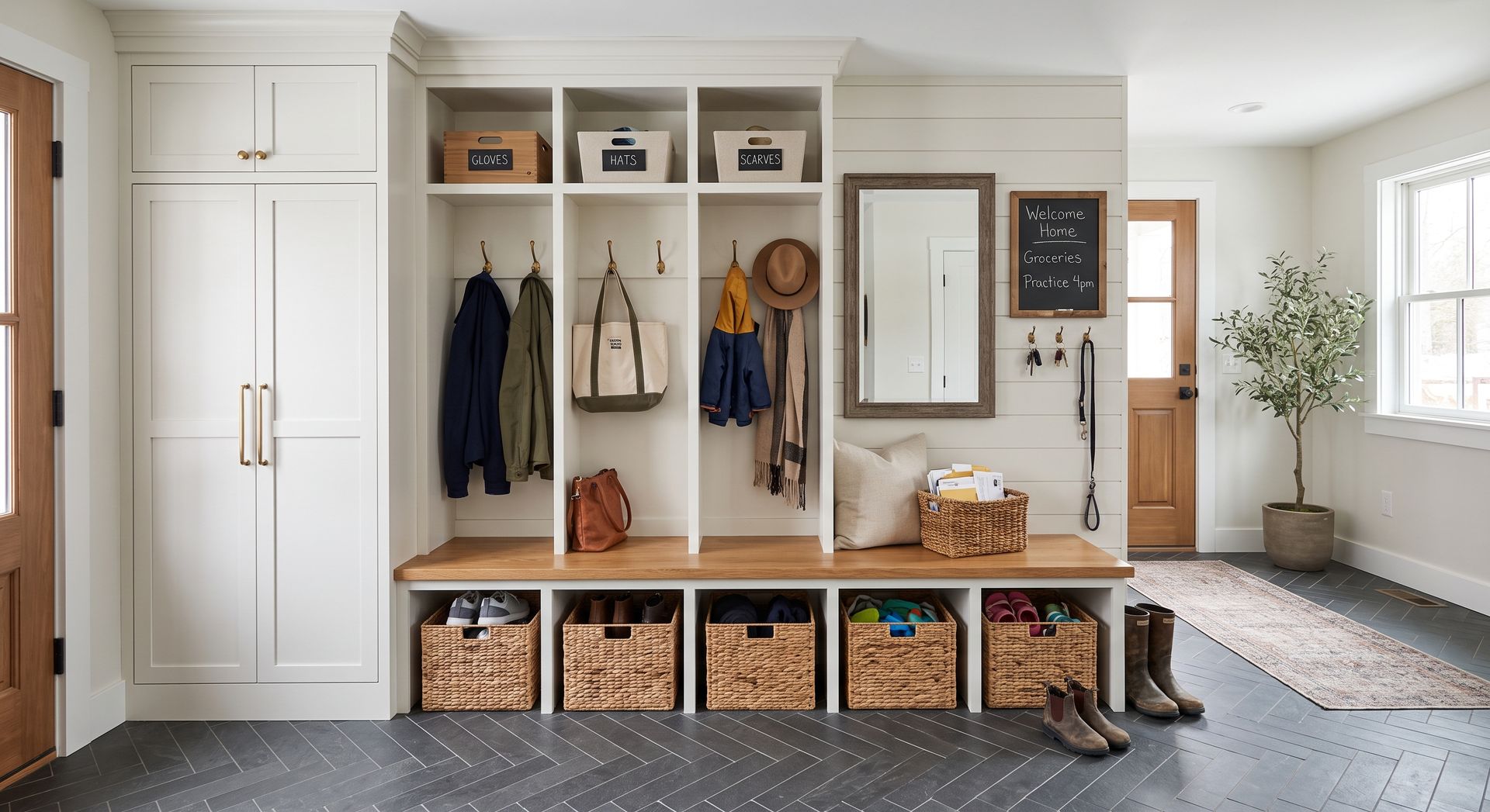 Bright mudroom with built-in cubbies, coat hooks, baskets, and a bench beside a doorway and window.