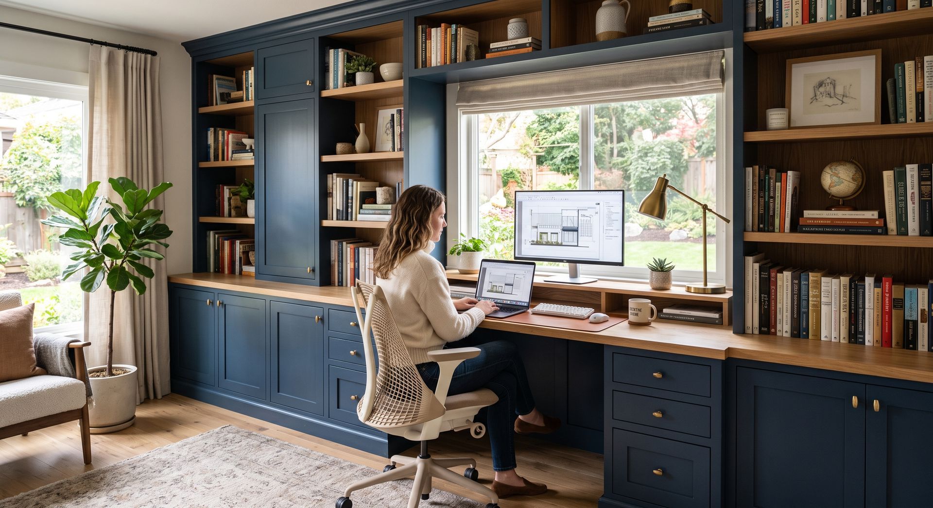 Home office with a person working at a desk beside a large window and built-in bookshelves