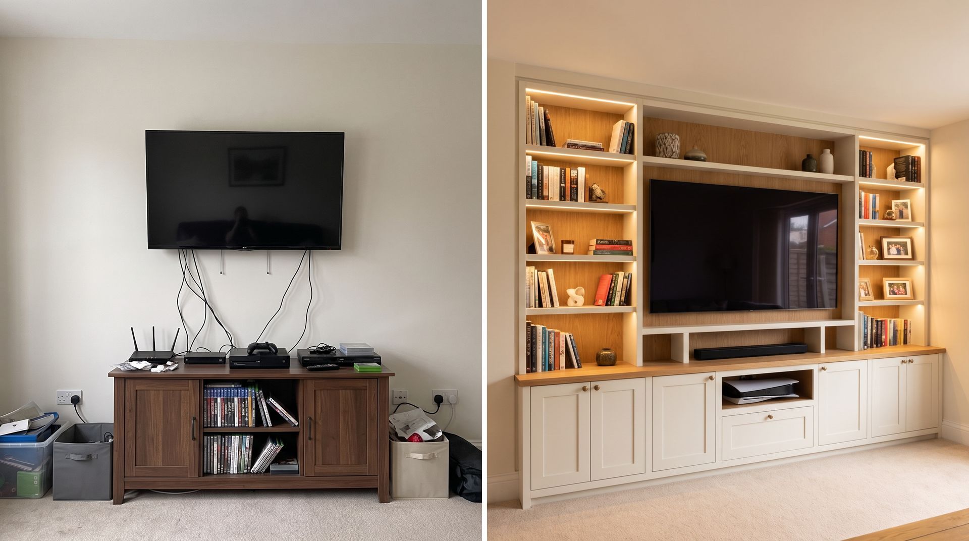 Two living room TV setups: a small wall-mounted TV on a cabinet and a large built-in entertainment center.