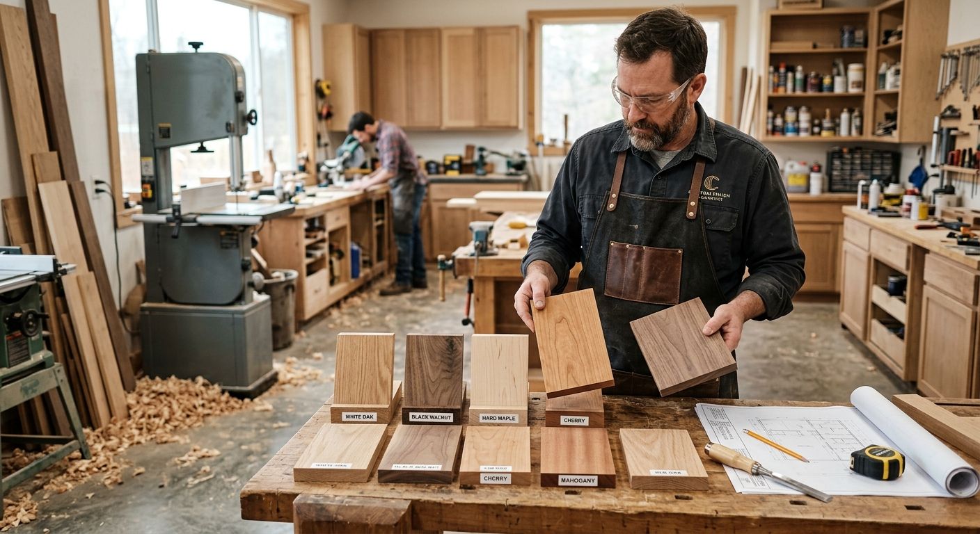 Woodworker in a workshop comparing wooden samples on a workbench with tools and cabinets nearby
