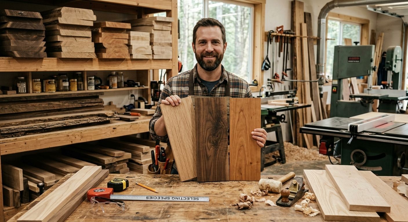 Man in a woodshop holding a rustic wooden board, surrounded by tools and stacks of lumber.